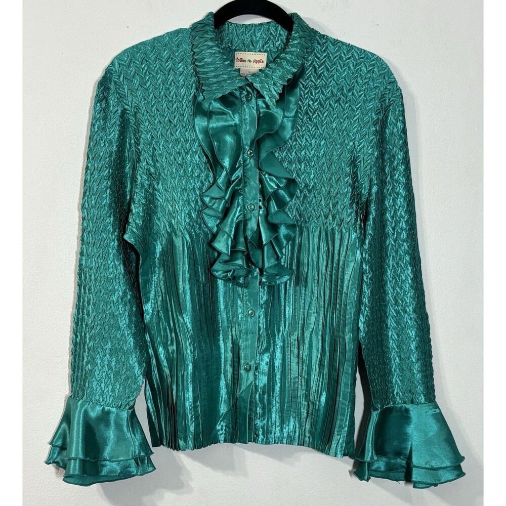 Toffee Apple Y2K Green Ruffle Blouse Chevron Smocked Pleated Bell Cuff Large